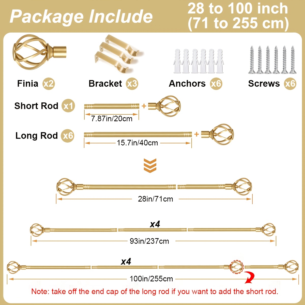 TEMU 1 Lot de tringle à rideaux robuste et réglable, convient aux fenêtres de 28 à 158 pouces, avec cage décorative torsadée, tringle à rideaux dorée
