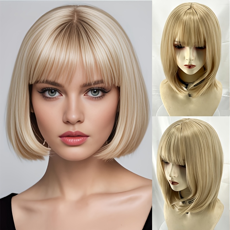 TEMU Perruque Bob Court Naturel de 14 pouces avec Frange pour Femme, Style/Marque 1, Taille 14, Naturel, Cheveux Synthétiques Volumineux, Postiche