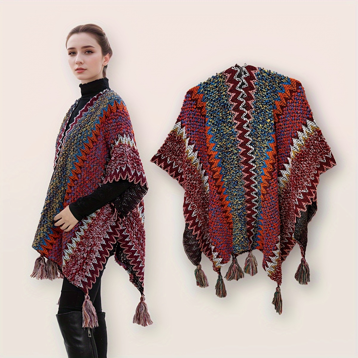 

Boho Vintage Striped Shawl Mixed Color Knitted Tassel Cardigan Poncho Winter Outdoor Blanket Shawl