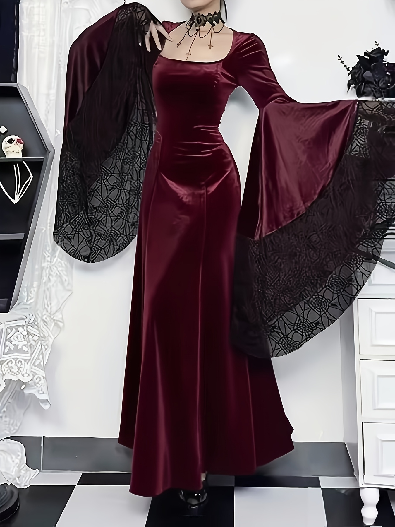 Halloween Costume Gothic Style Batwing Velvet Dress Lace Stitching *  Women'S Clothing Long Skirt