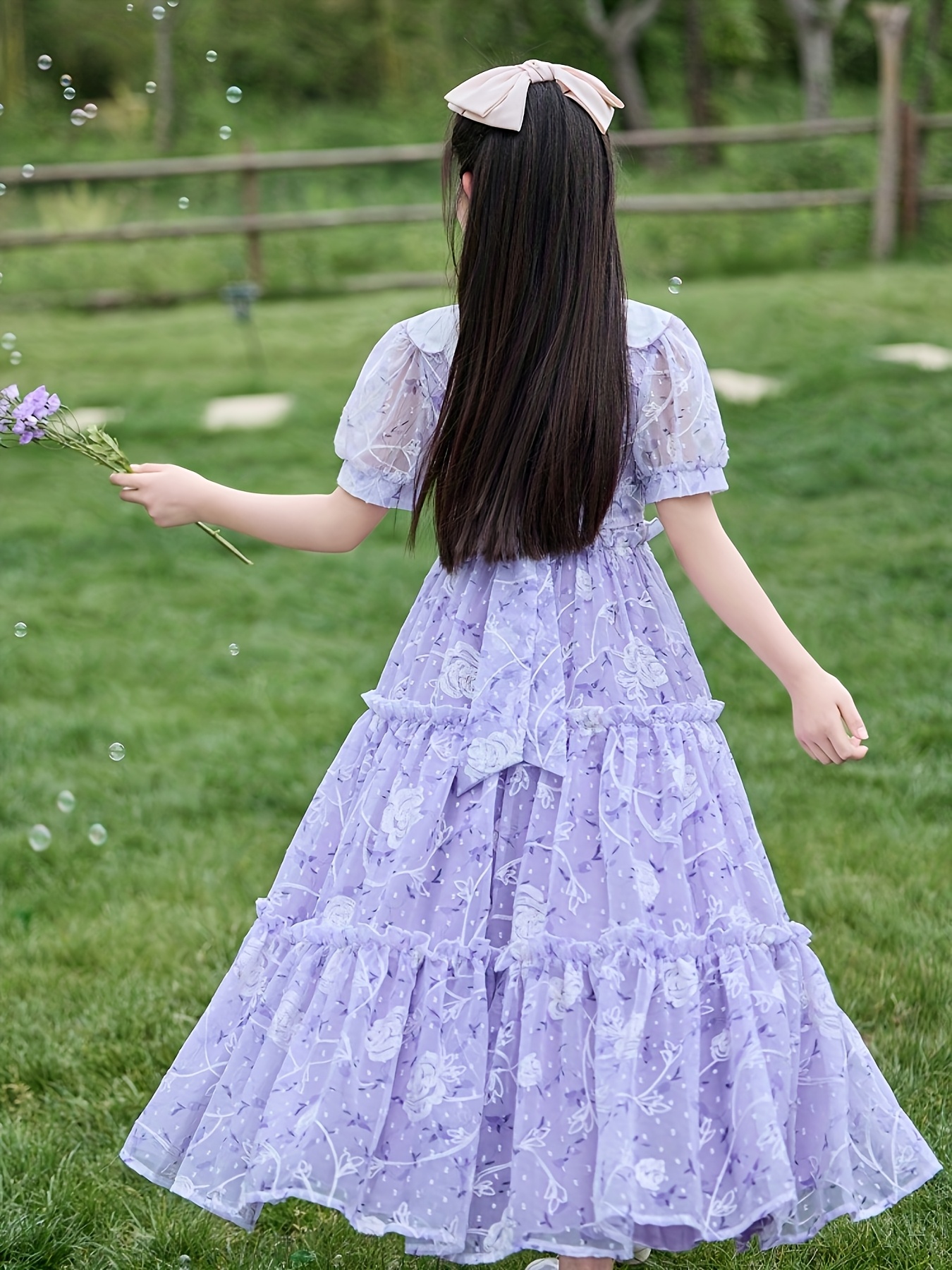 girls floral print chiffon dress light purple tiered - Temu Oman