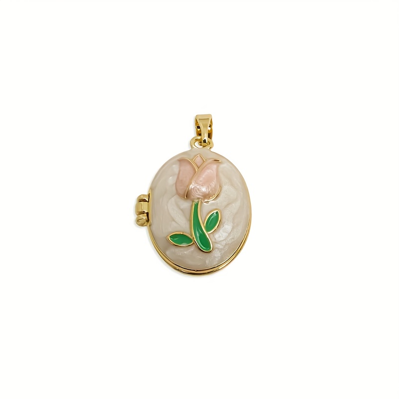 TEMU Colgante ovalado de esmalte con foto, bisutería de latón, llavero de flor texturizado - Rgp11180