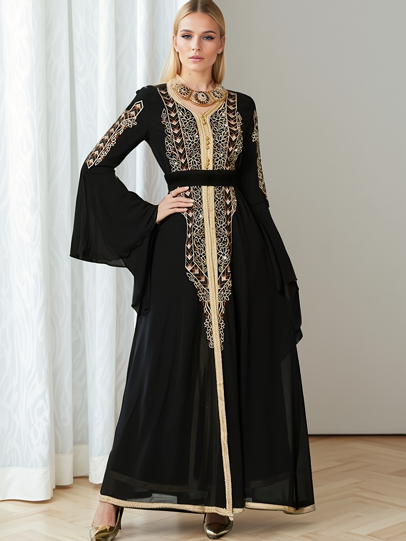 3024 black chiffon spliced heavy embroidery flared sleeve - Temu Poland