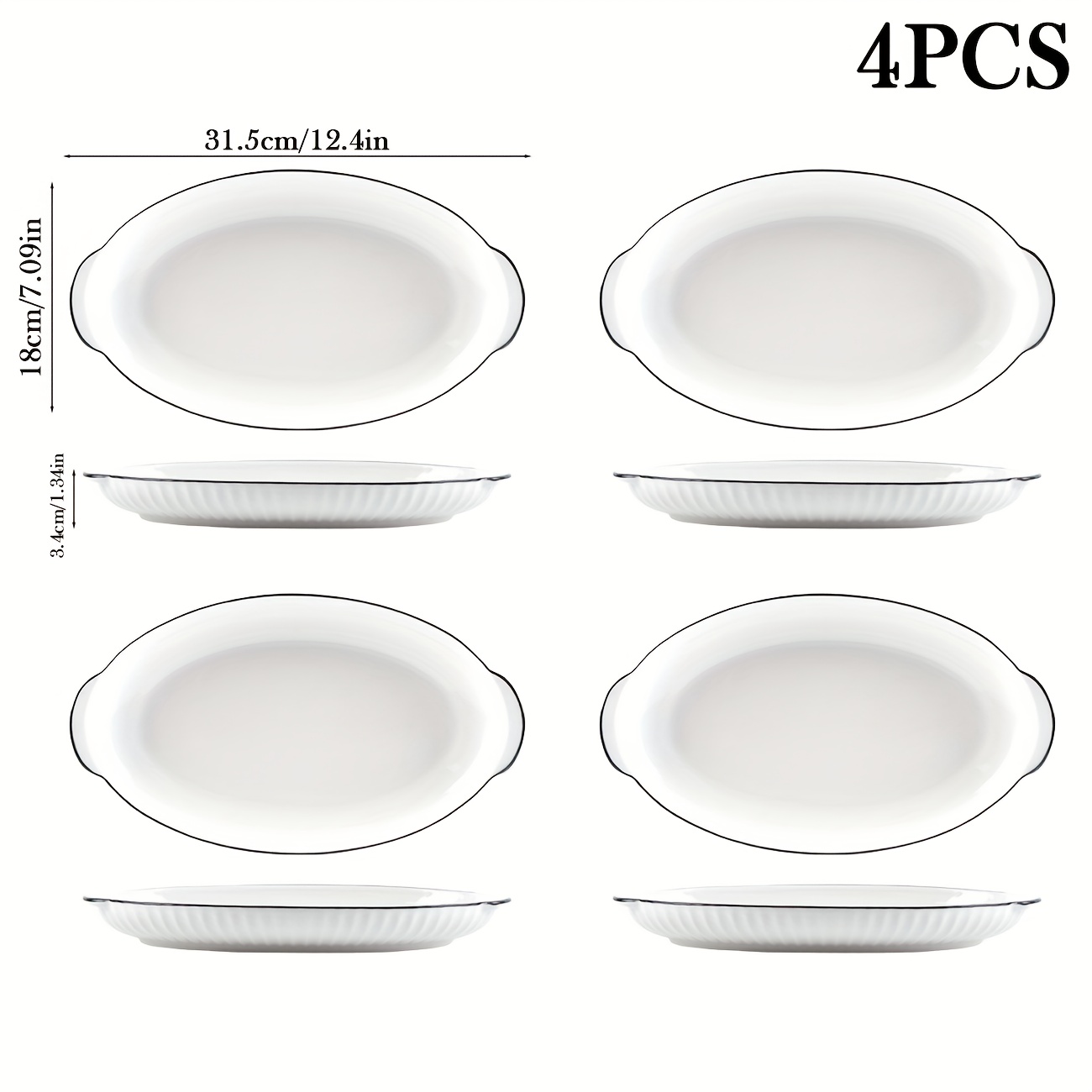 4pcs White Black Trim Ceramic Dinner Plates, 12.4-inch Fish Plates, Ceramic Serving Platters, Large Fish Dishes, Microwave Safe, Multifunctional Tableware For Restaurants And Home Use