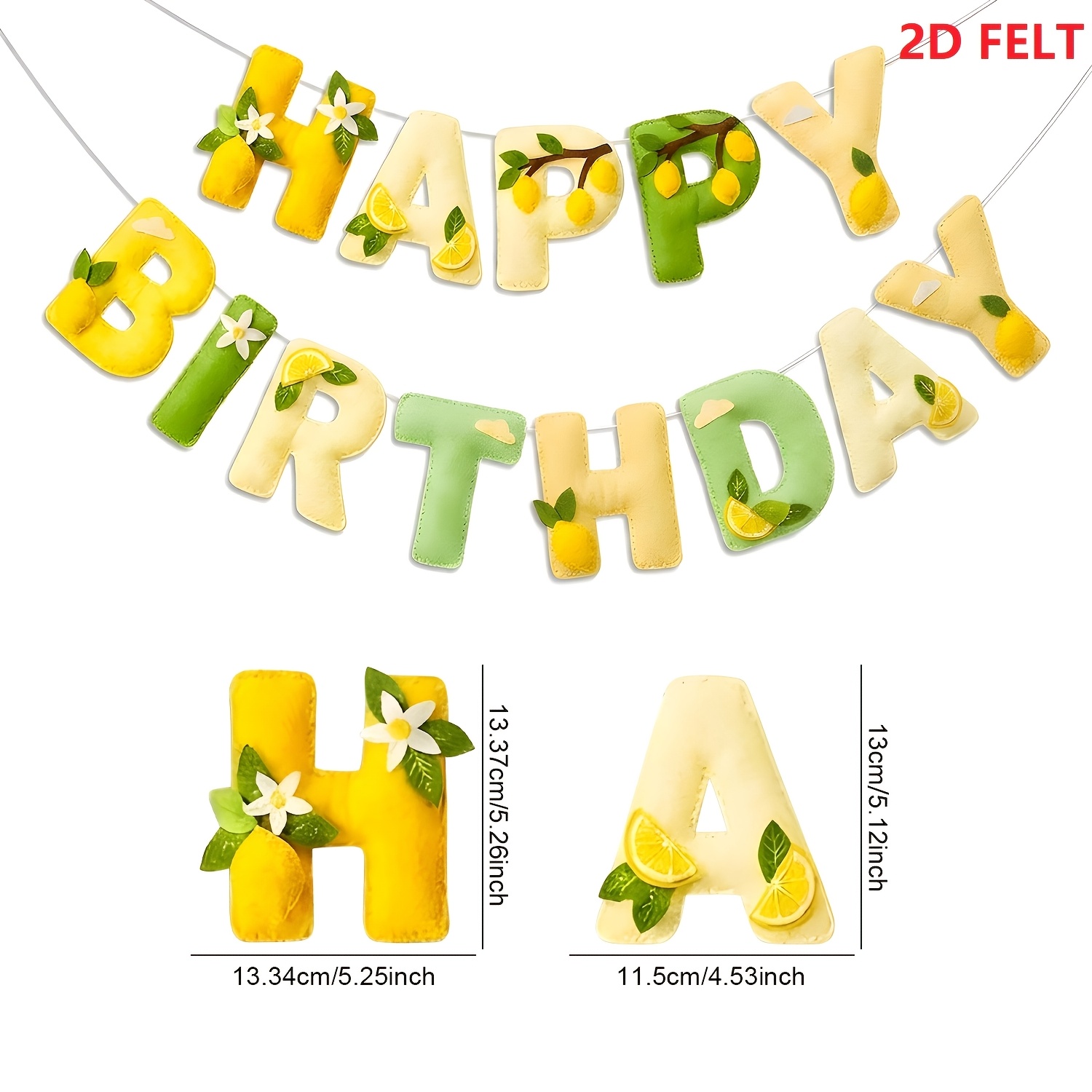 Image of 2d Flat, 2pcs 2d Felt Lemon-themed "happy Birthday"banner,featuring And Flower Accents In Yellow-green Hues, Suitable For Summer-themed Birthday Celebrations Supplies