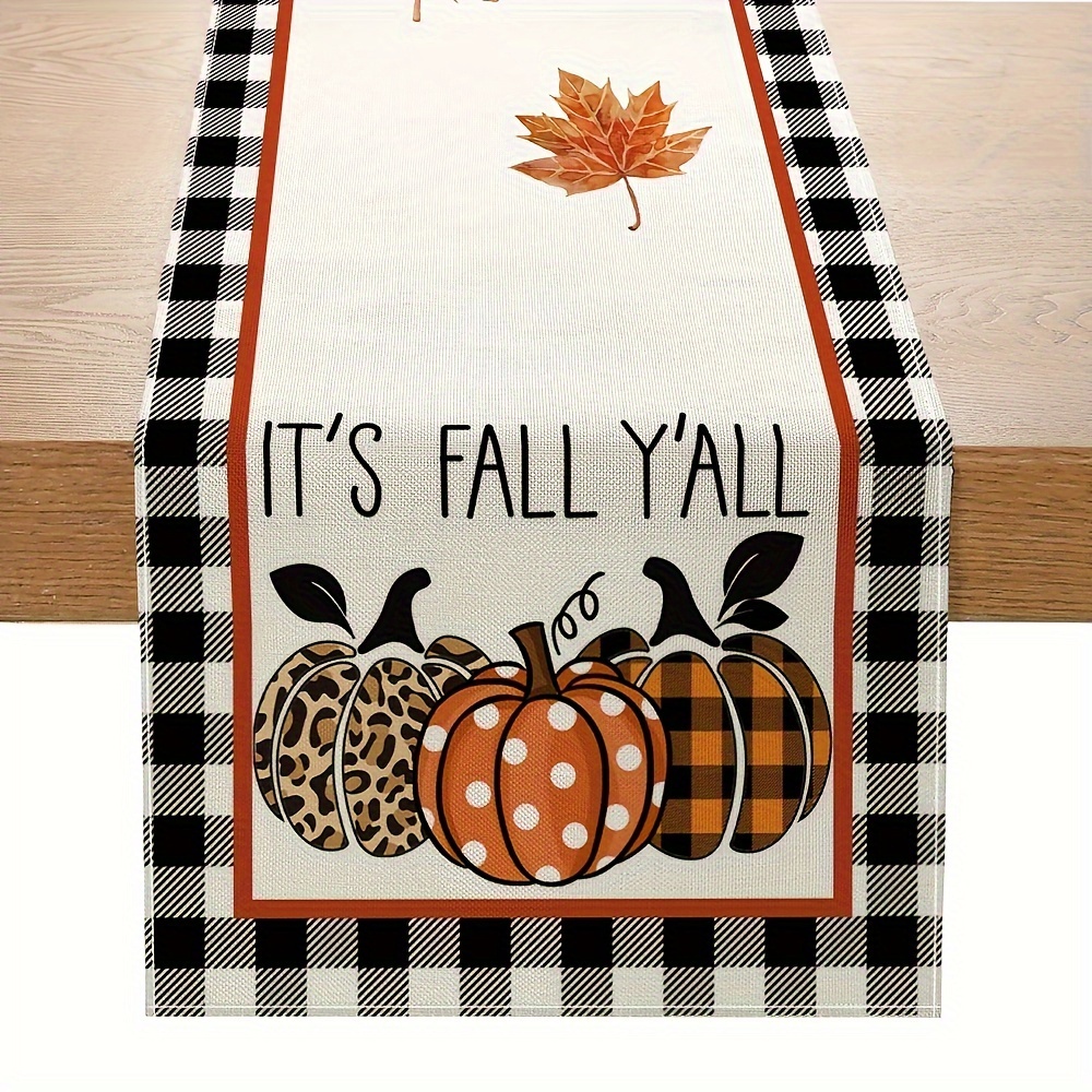 

Fall Maple Leaf And Pumpkin Table Runner, Black And White Checkered With Leopard And Polka Dot Design, Thanksgiving Vintage Holiday Decor, Woven Polyester, Rectangular, Indoor Home Party Decoration