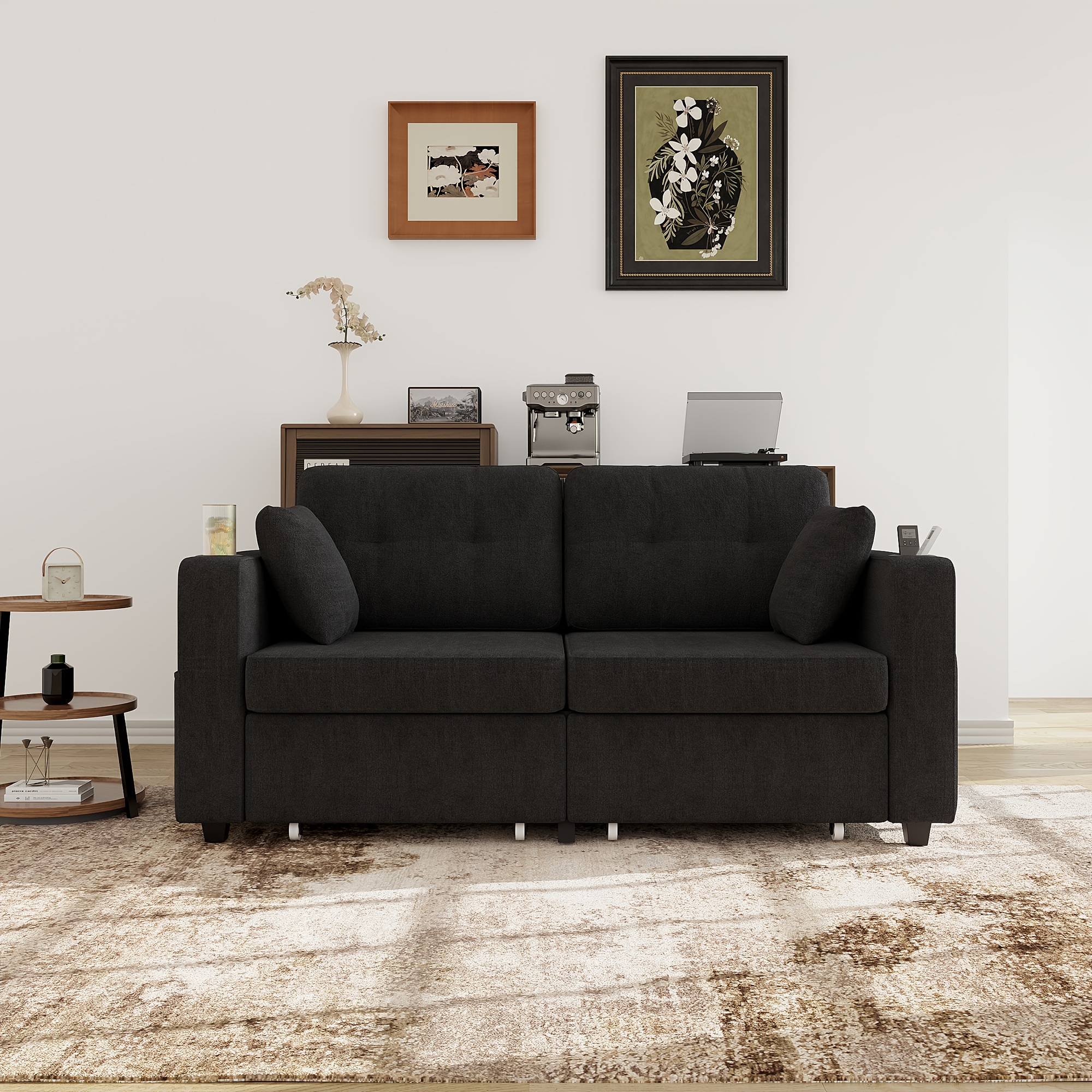 Large Double Sofa With 2 Large Storage Drawers, With Cup Holder And Side Pockets, Casual Sofa With Hidden Storage Compartment, Suitable For Bedroom, Living Room