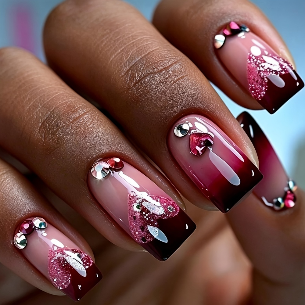 TEMU 24pcs Of Medium-sized Square Decorative Artificial For Nails. Wine Red Gradient Heart-shaped Diamond Jewelry For Nail Decoration. Glitter For
