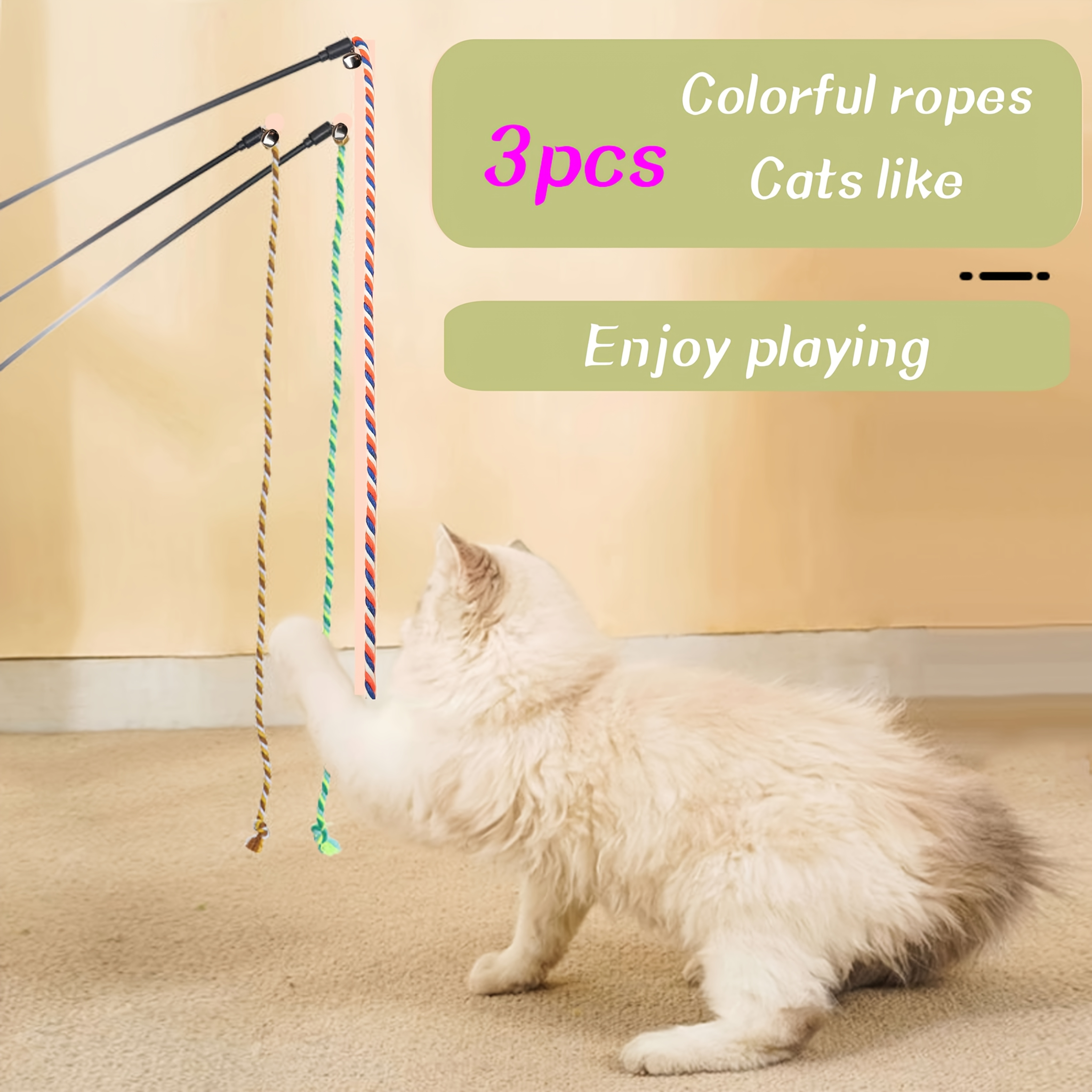 3pcs interactive cat teasing wand with colorful string bell and beads durable non scratch chew toy for cats fun striped design great for indoor play and exercise cat toys without battery Product details 1