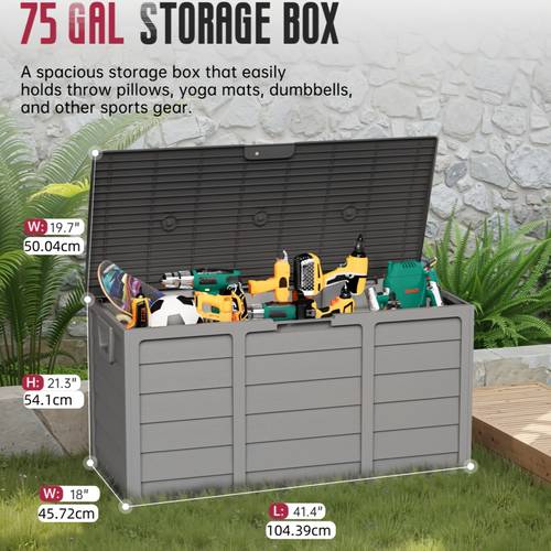 75 gallon waterproof resin deck storage box with handles gray rectangular outdoor organizer for home kitchen patio garden trunks