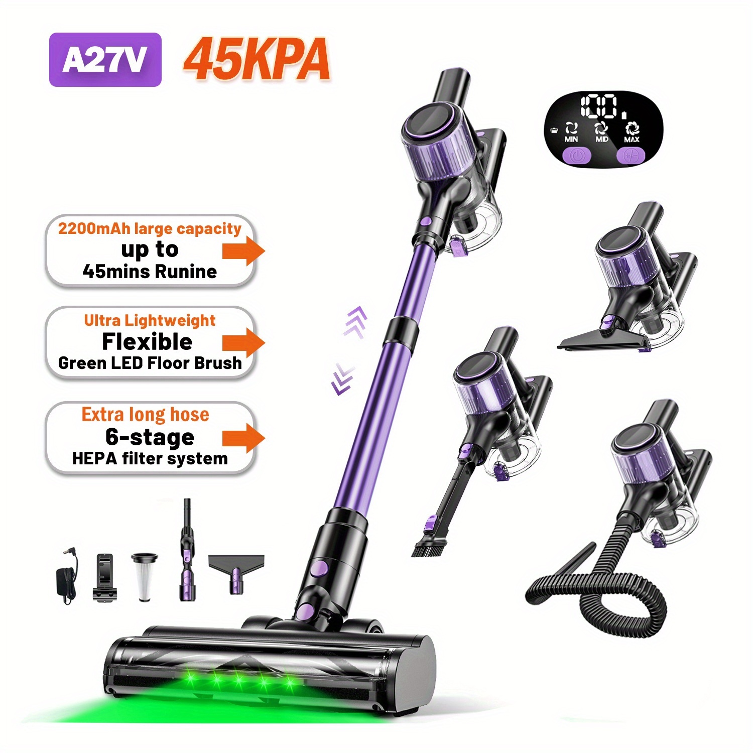 Image of Car Handheld Vacuum Cleaner, 10-in-1 Lightweight Cleaner, Life, With Upgraded Extra Long Hose, Anti-tangling Brush, Green Led Lights For Cars, Hardwood Floors, Carpets And Pet Hair