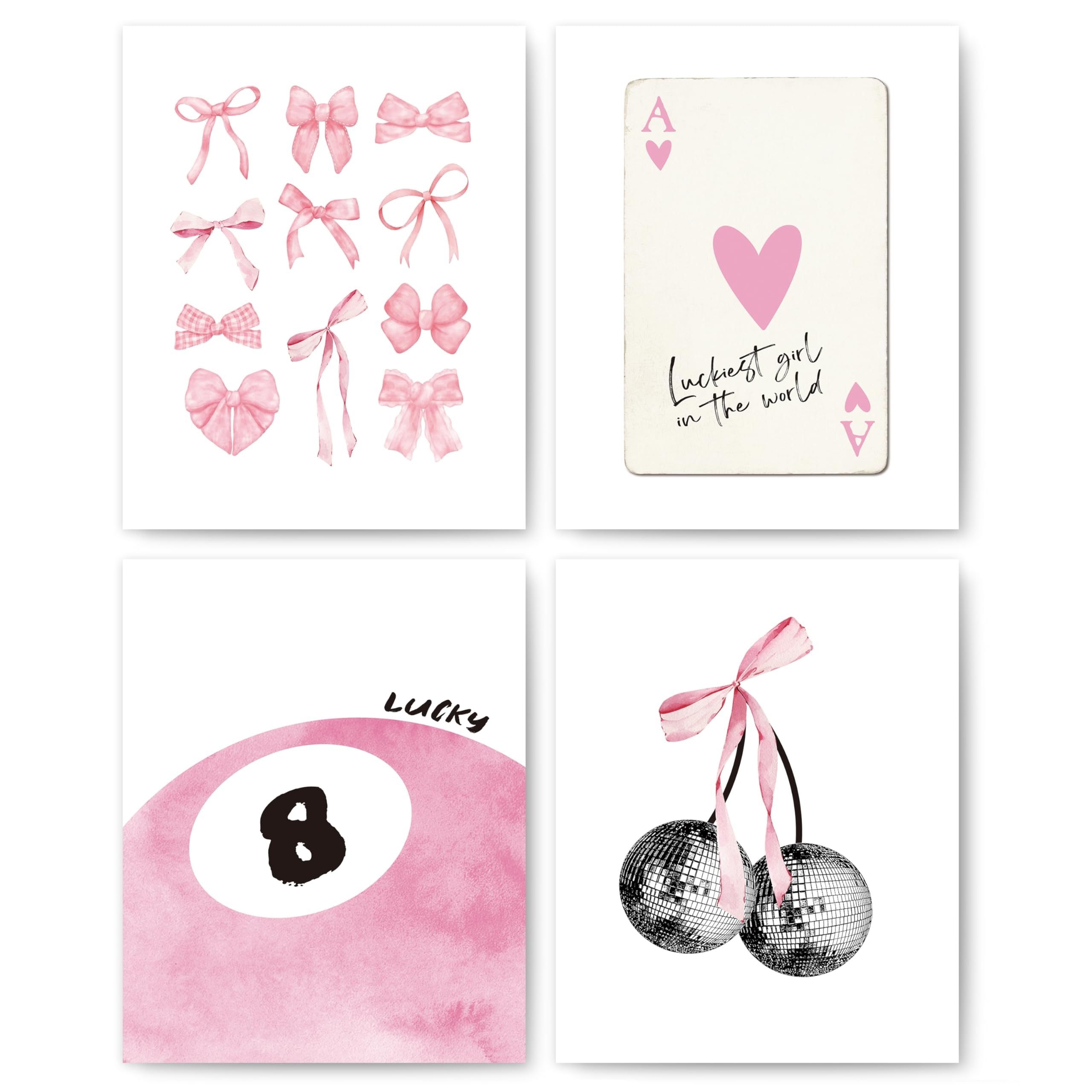 

4pcs Fashion Art Prints Posters Set - , Heart, Lucky 8 Ball, And Cherry - Frameless Wall Decor For Girls Bedroom, Dorm Room - Heart & Bow Themed Posters