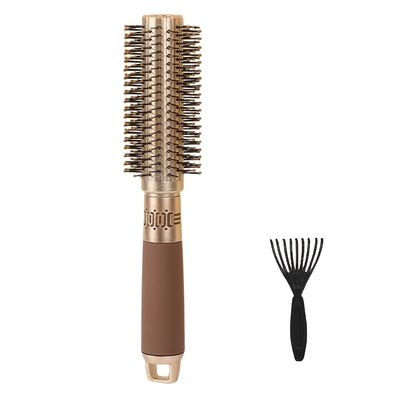 TEMU Brosse à friser ronde avec peigne de nettoyage - Ton doré, poils en nylon, anti-frisottis, prise antidérapante, idéale pour le séchage et le