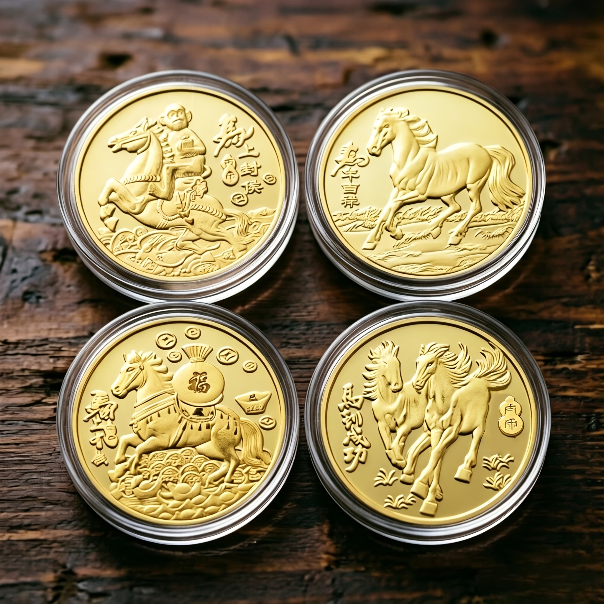 TEMU 4pcs Golden Plated Chinese Year Of The Horse - Zodiac Commemorative Set Suitable For Shui Ornament, Collectible Gift For New Year, Wealth &