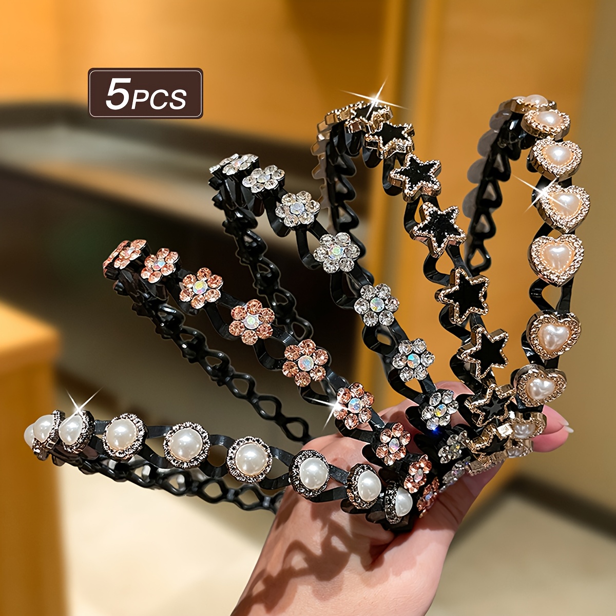 TEMU 5pcs Of Mixed Style Rhinestone And Pearl And Star Headbands Suitable For Daily Commuting And Casual Shopping