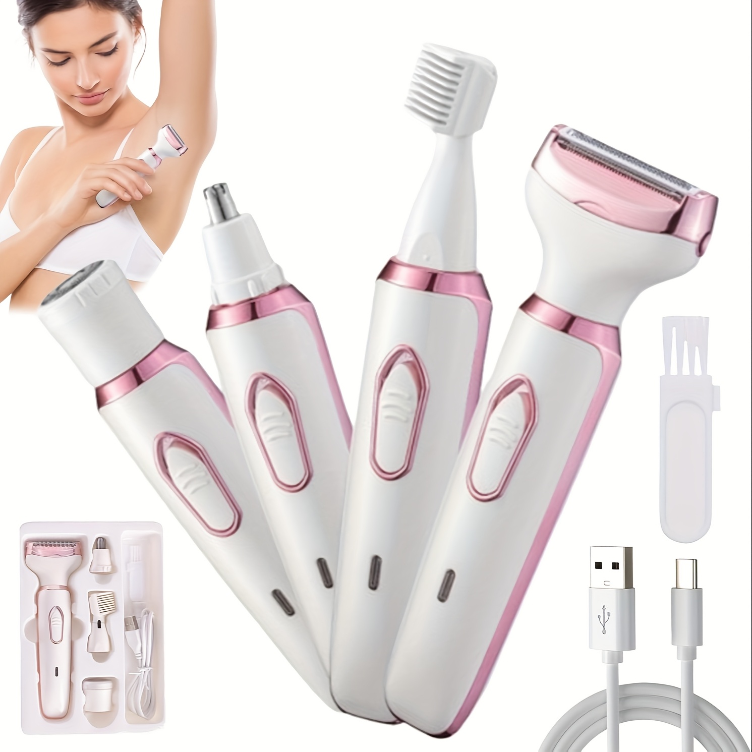 TEMU Bikini Trimmer For Women 4 In 1 Rechargeable Body Razors And Facial Hair Remover For Bikini Leg Body Face Underarm, Electric Razors For Skin,
