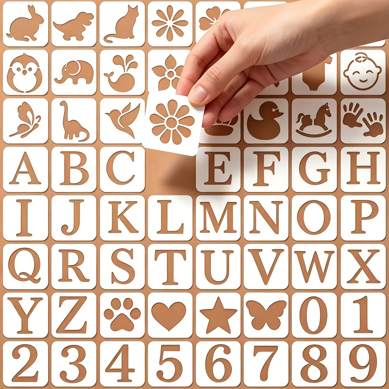 TEMU Set da 64 stencil per pittura riutilizzabili e traforati, modelli con lettere 'alfabeto , da 0 a 9, animali, fiori, , , stencil lavabili in PET