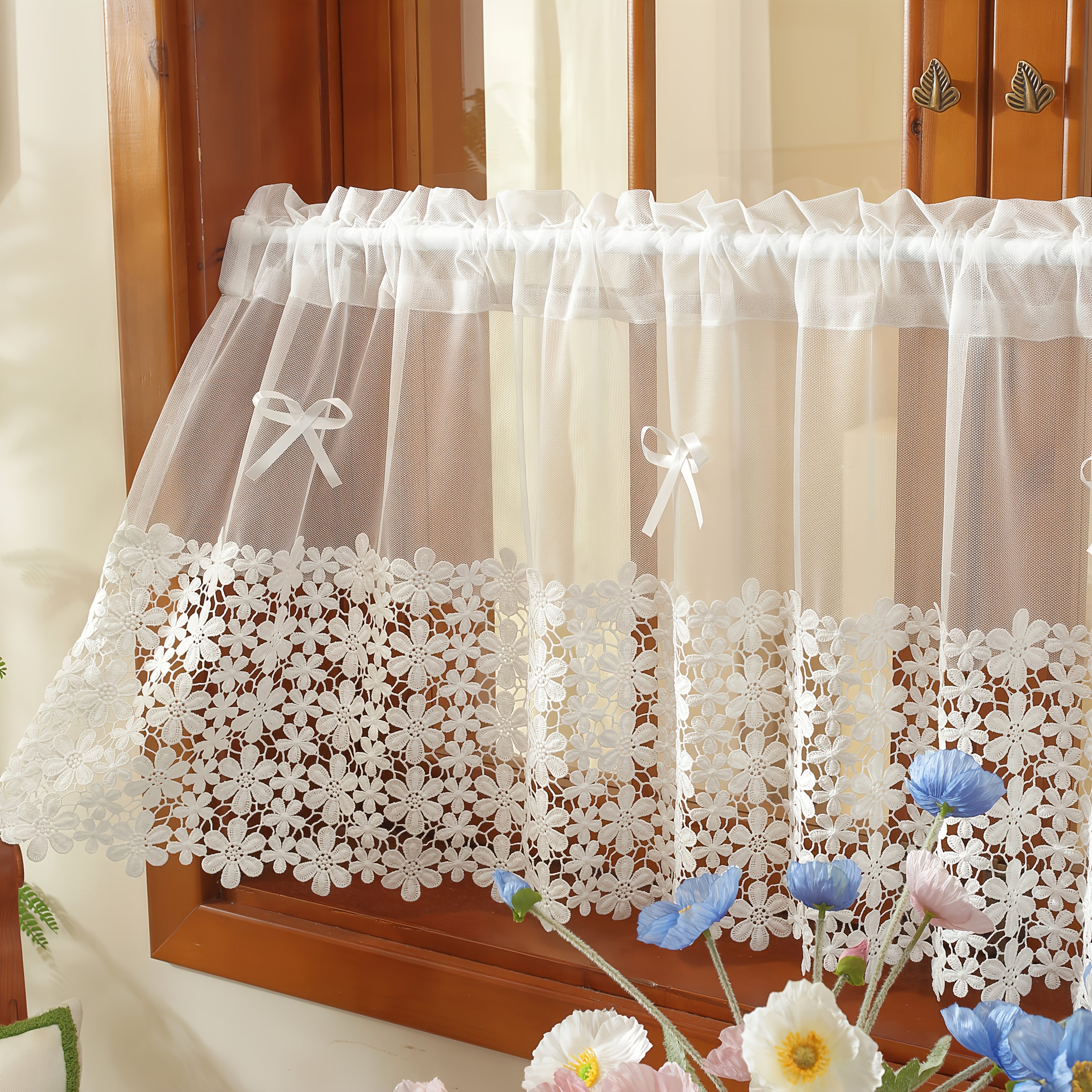 TEMU 1-panel Sheer Curtain With White Bow Accents, Rod Pocket, For Kitchen, Bathroom, Bay Window, Bar, Small Window Decoration, Storage Cabinet Cover