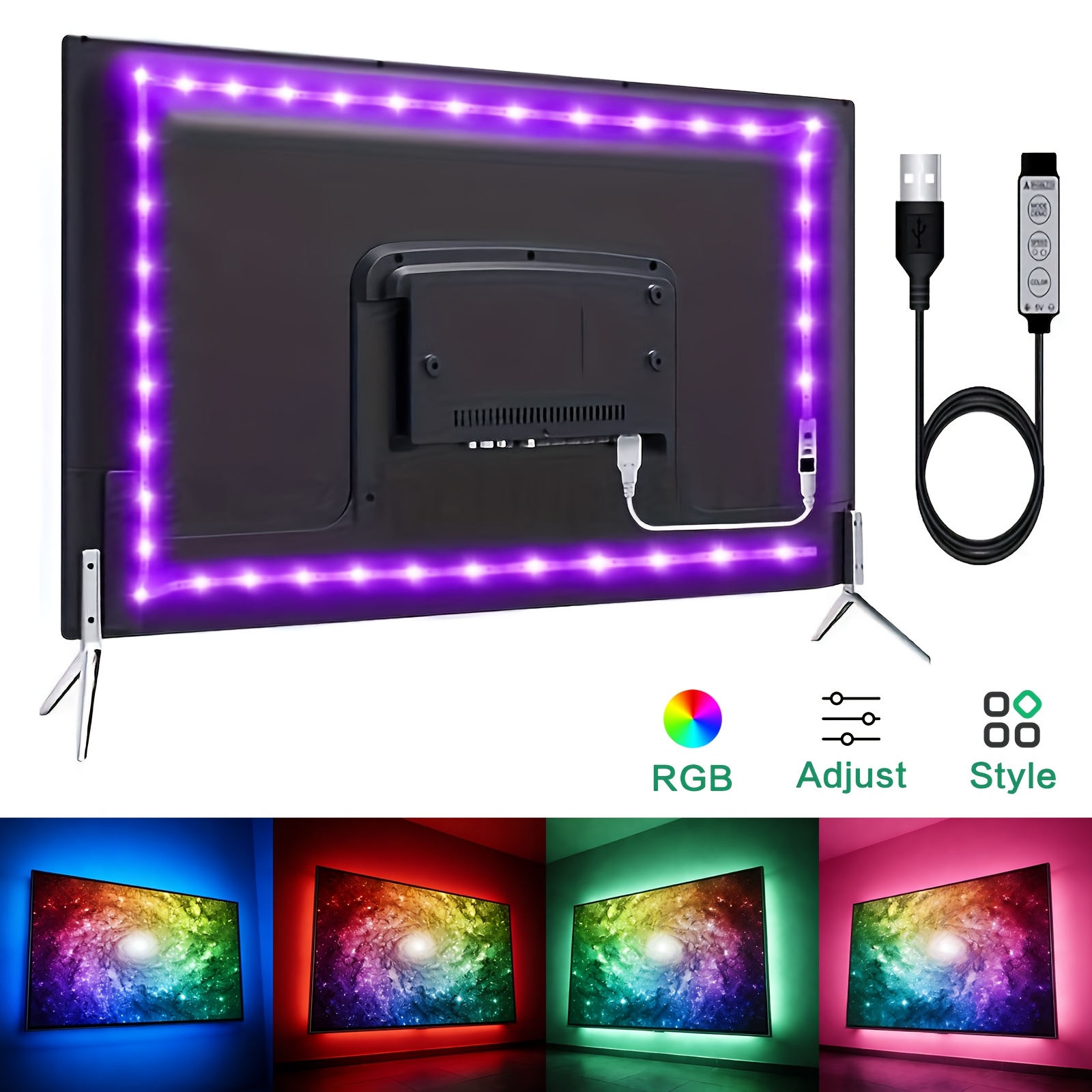 TEMU 1-5m Led Tv Background Light Strip | Three-button Control (rgb Color Change, Music Rhythm), Flexible Colored Light Strip, Suitable For Tv, Room