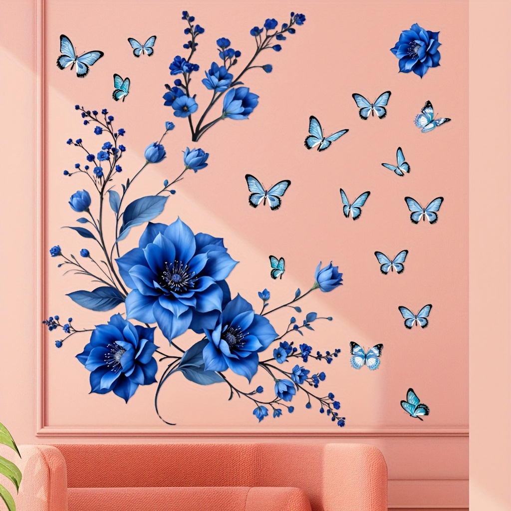 1pc Blue Flower And Wall Sticker | Waterproof, Easy-to-remove Pvc Material, Suitable For Living Room, Bedroom, Kitchen, Bathroom Decor