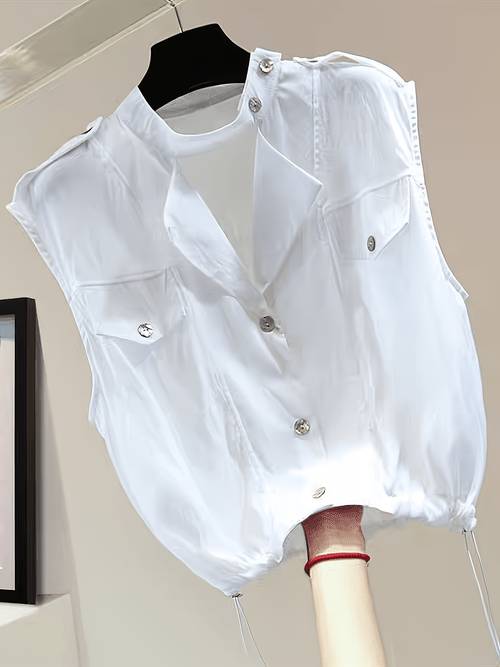 chaleco tipo chaqueta sin corto para mujer , de moda para /verano, para casuales, con cuello pequeño erguido, cordón y botones