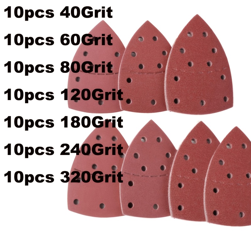 Image of A Set Of 70 Red Triangular Sandpapers With 11 Holes, Measuring 152*105, Designed For Hand Use With A Backing. Suitable For 40/60/80/120/180/240/320. Used For Cleaning, Rust Removal, And Sanding