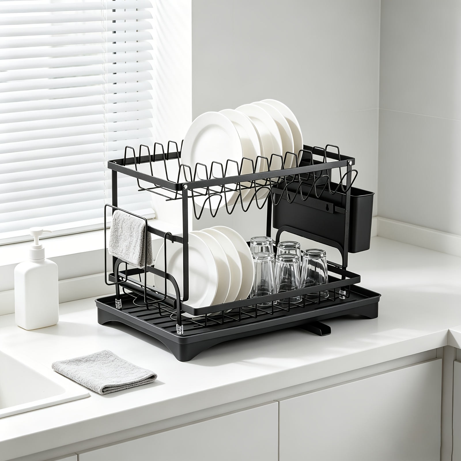 2 Tiers Bowl Drainer, Kitchen Rack, Household Bowl & Plate & Chopstick & Cup Dish Drying Rack With Drip Tray, Worktop Carbon Steel Storage Rack For Space-
