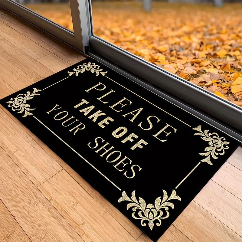 

Polyester Doormat With Non-slip Backing - 1pc Black And Golden 'please Your Shoes' Indoor Entryway Mat, Machine Washable, For Bedroom, Hallway, Photo Prop, Gift - Sizes