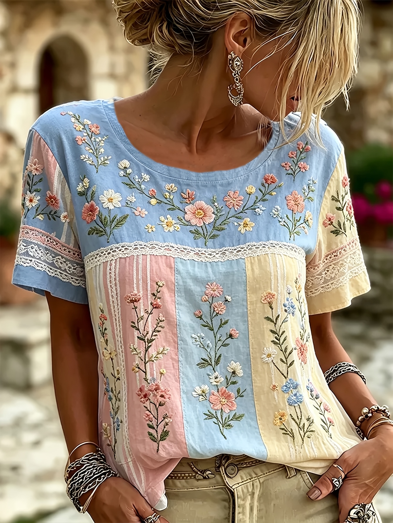 summer casual and elegant womens fashion round neck short sleeve top with yellow blue and   block floral print and lace effect print