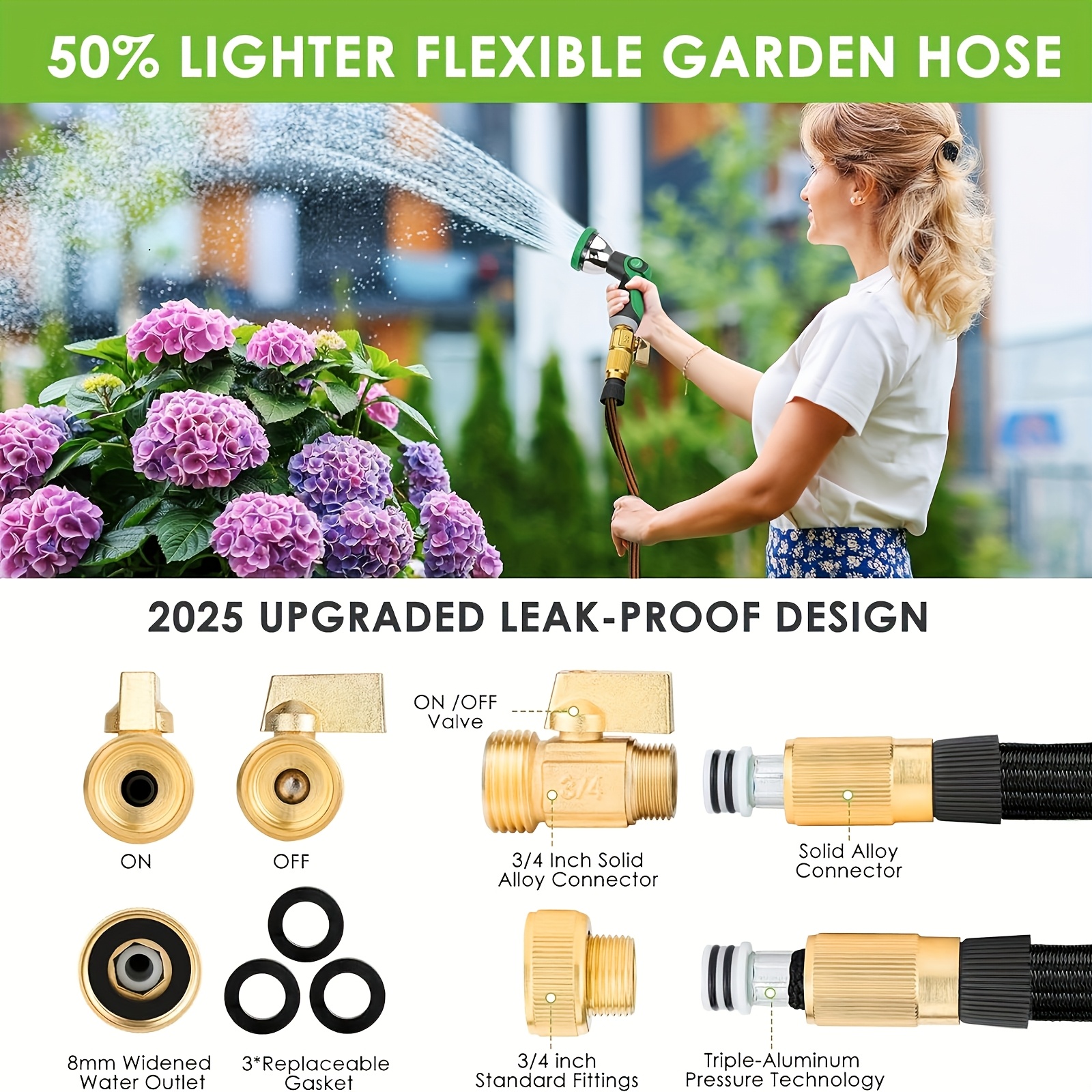 100FT Garden Hose For Lawn, Heavy Duty Water Hose With 10-Function High-Pressure Nozzle, Car Wash Water Hose And Watering Hose, Leak-Proof 3/4