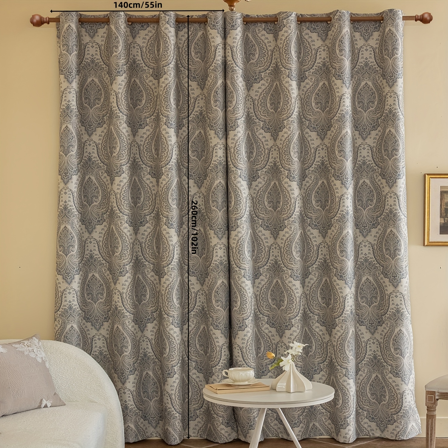 TEMU Lot de 2 Rideaux Jacquard Imprimés Numériquement Haute Luxe Léger Style Européen - 80% Occultant, 100% Polyester, Haut à Œillets, Motif Floral,