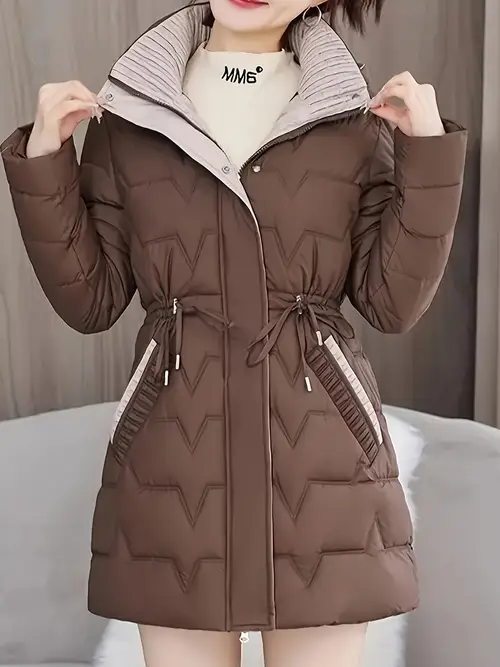 여성용 시크한 마룬 미드-길이 퍼퍼 코트, 탈착 가능한 후드 - 우아하고 가벼우며 따뜻한 퀼트 재킷, 허리 끈, 긴 소매, 지퍼 포켓 - 폴리에스테르, 비신축성 원단, 캐주얼에서 반정규적인 아우터웨어, 캐주얼, 패션, 통기성, 우아한 스타일, 전통 버전