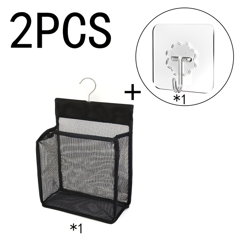 TEMU 1pc Black Mesh Hanging Storage Bag With 1pc Transparent Hook Storage Set, Multifunctional Hanging Organizer, Bedside Storage Bag For Bunk Beds,