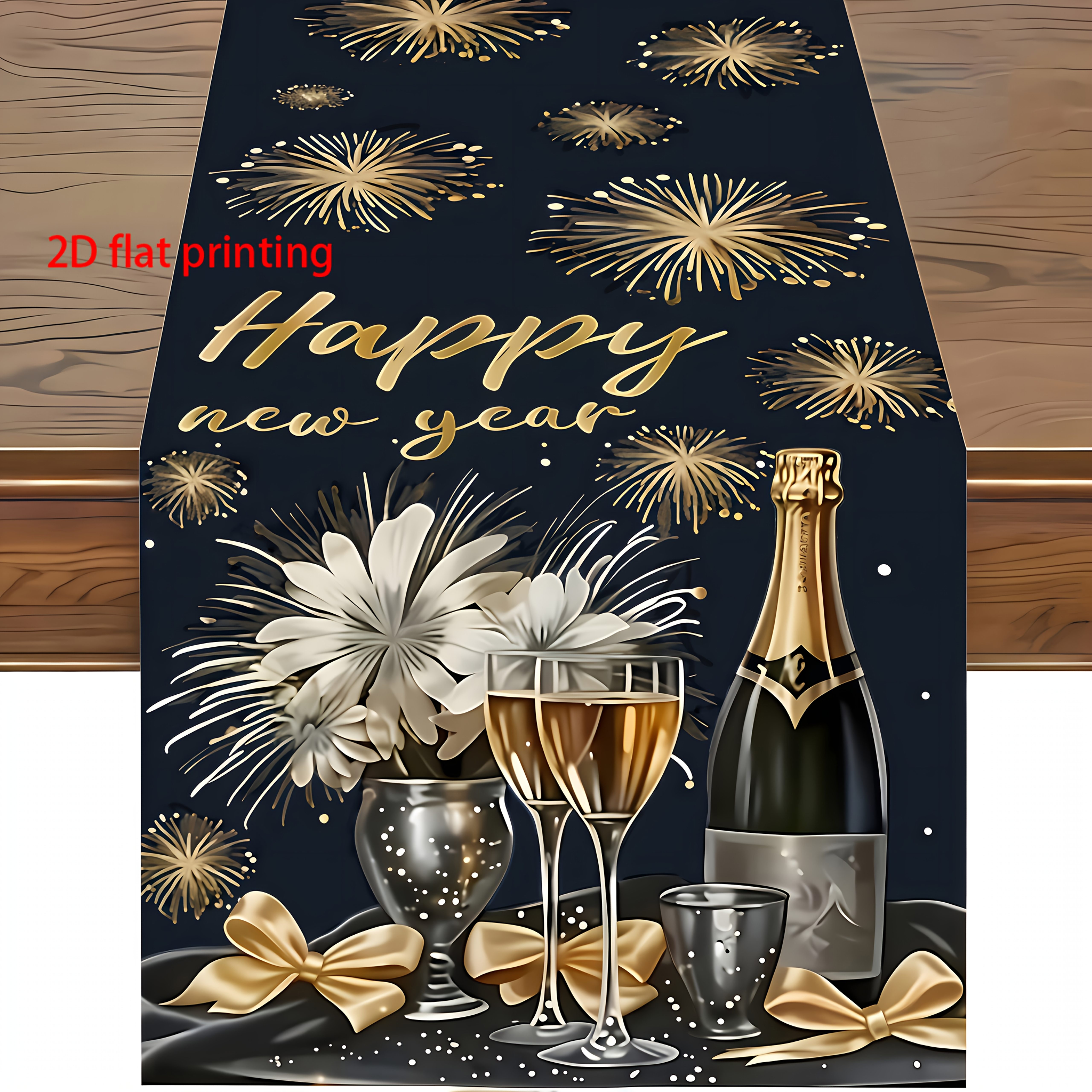 TEMU Elegante Neujahrs--Tischdecke in Schwarz, mit goldenem "Happy New Year!"-Druck, funkelnden Feuerwerken und Champagner-Design - für romantische