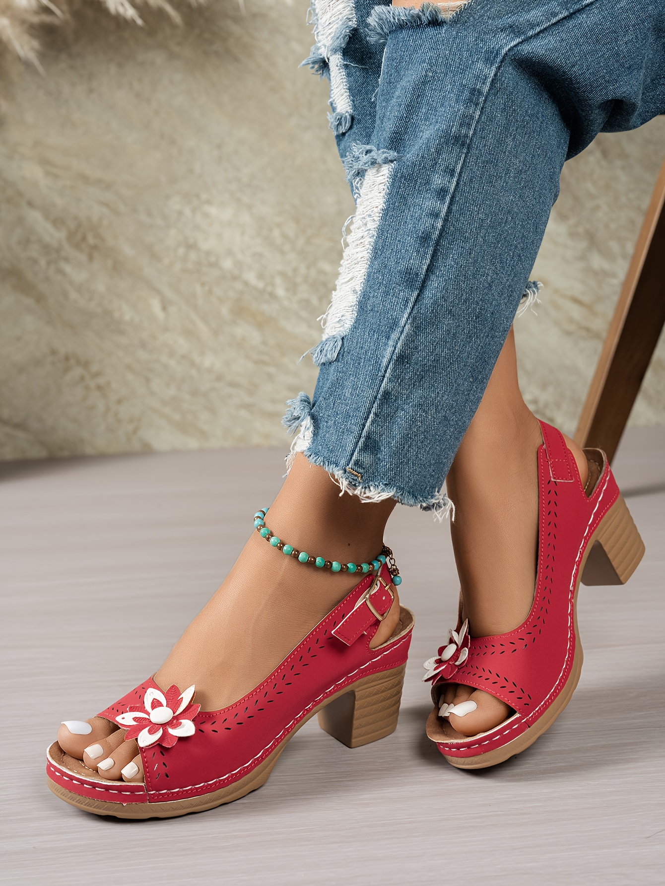 womens slip on roman bohemian high heel sandals chunky platform heels with floral cutout   toe summer   in black white   synthetic cover pu sole for casual semi formal outfits Product details 7