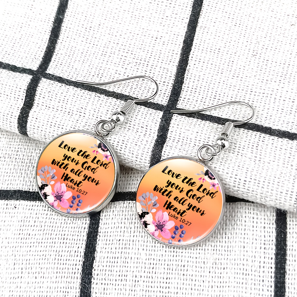 4pc Floral Quote Necklace Bracelet Earrings Set, Orange Background