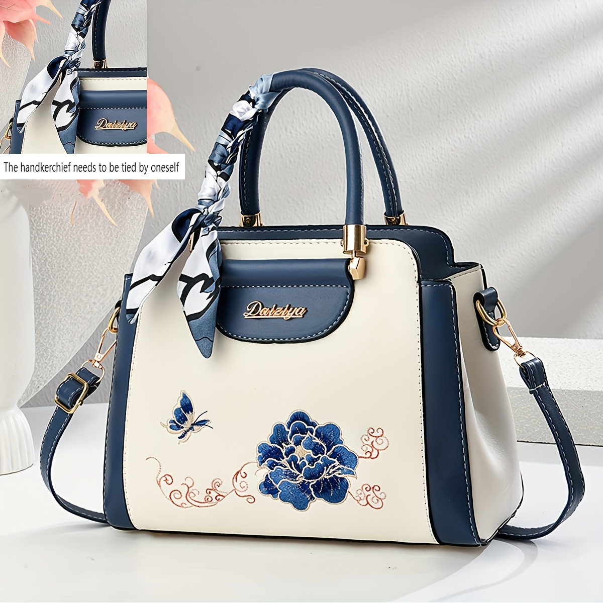 Image of Dzy Stylish Women's Handbag With Floral Embroidery, Adjustable Shoulder Strap, Zipper Closure, Navy , Perfect For Work, Travel, Or Mother's Day Gift, Travel Handbag | Decorative Scarf Accent