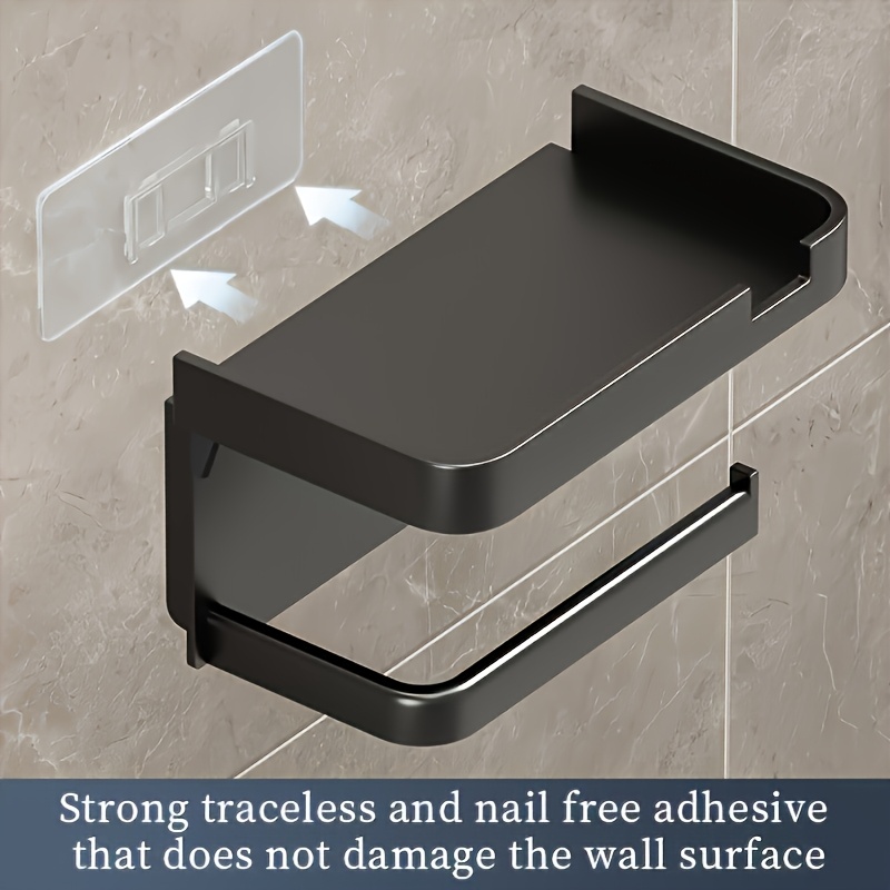 

1pc Luxe Self-adhesive Wall-mounted Toilet Paper Holder With Storage Shelf - Polished Plastic Box Dispenser For Bathroom Accessories, Hotels, And Home Use