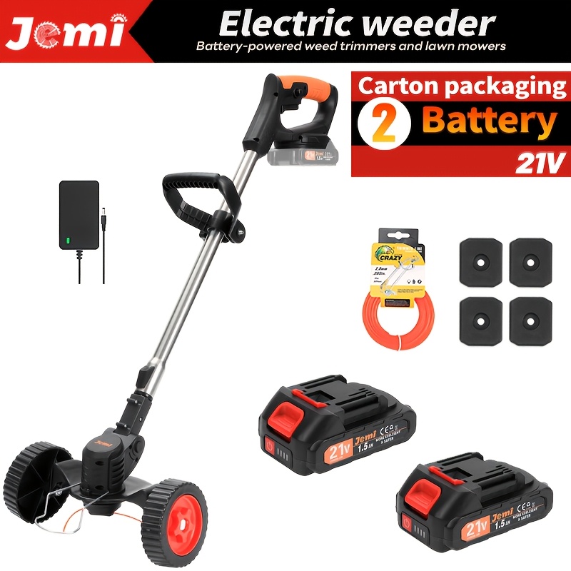 Image of 21v Cordless Electric Lawn Mower, Equipped With 1/2 Battery (1.5 Ah), Can Drive With Nylon Rope, Adjustable Pole Electric Lawn Mower, Suitable For Gardens And Courtyard Lawns, Black And Orange
