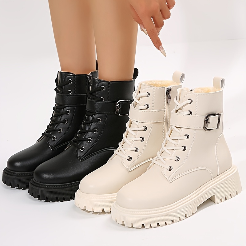 

1pr Women's Mid-calf Combat Boots - Fashionable Lace-up Mid Heel Platform Boots With Tpu Sole, Fabric Insole, And Upper Material For Winter Comfort And Style