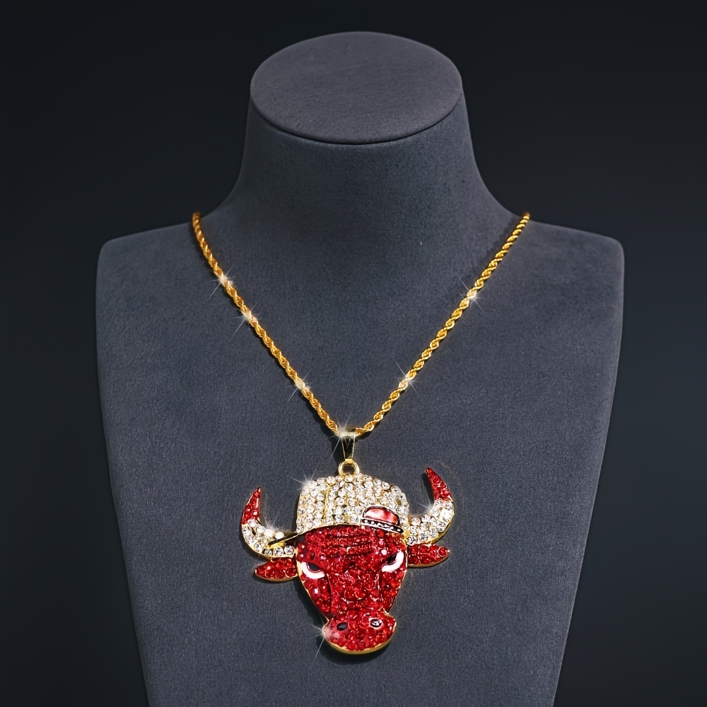 

1pc Luxury Hip Hop Style Large Bull Head Pendant Necklace With Red Rhinestones And Iced Out Detail, Punk Jewelry Chain For Men And Women Gifts For Eid