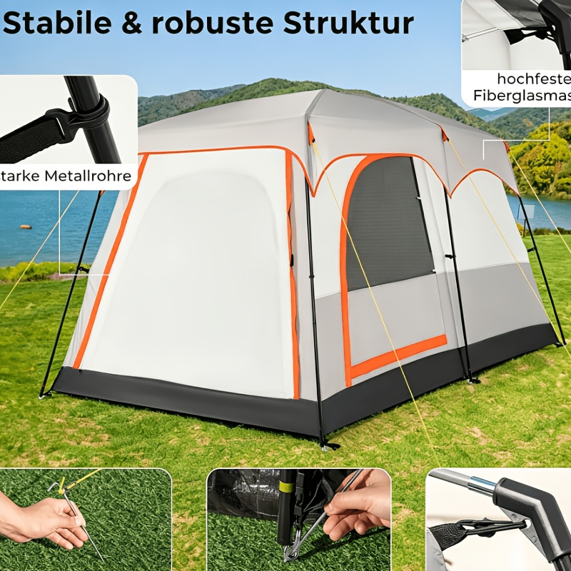 Large Camping Tent With Windows, 2 Room Layout, Featuring A Groundsheet, Net, And Storage Bag; 3 Large Doors; Spacious And Well-ventilated Sleeping Area, Outdoor Backpacking Gear