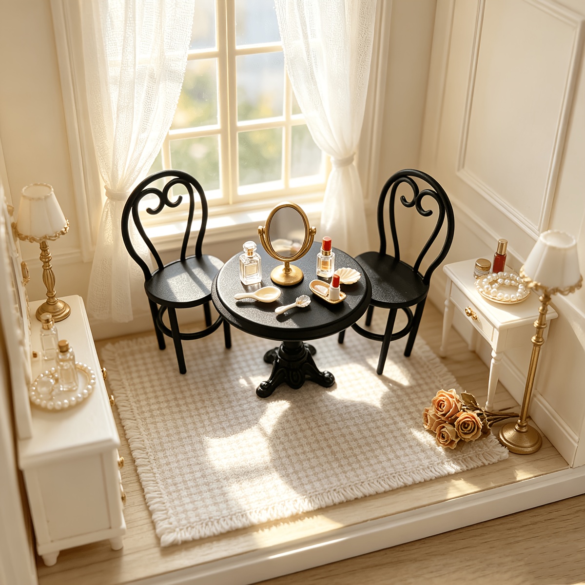 French Retro Mini Doll Furniture Set with Curved Back Chairs & Dressing Mirror