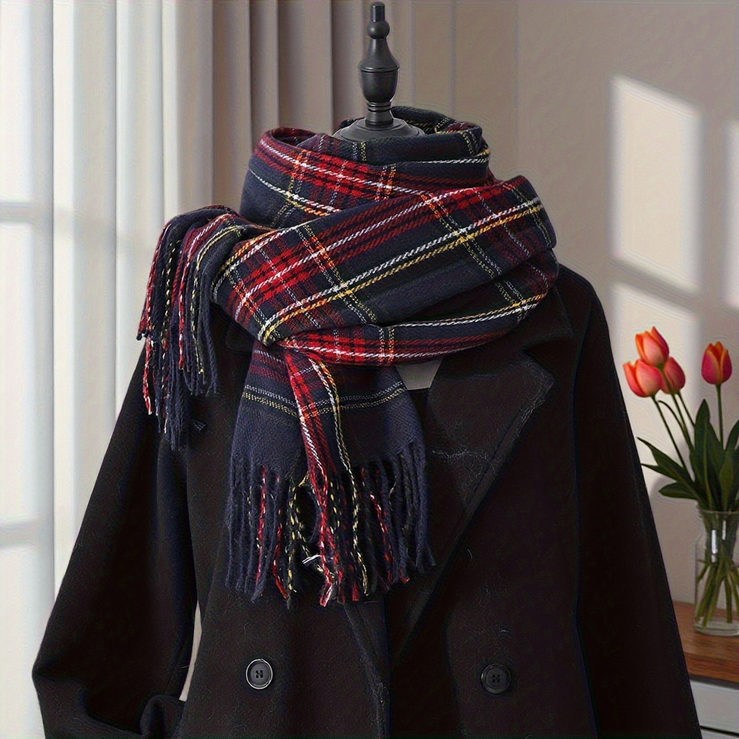 TEMU 1 Unisex Scottish-style Scarf, Red And Black Plaid - A Warm Winter-style Versatile Shawl. Made From Soft And Durable Fabric Suitable For Casual