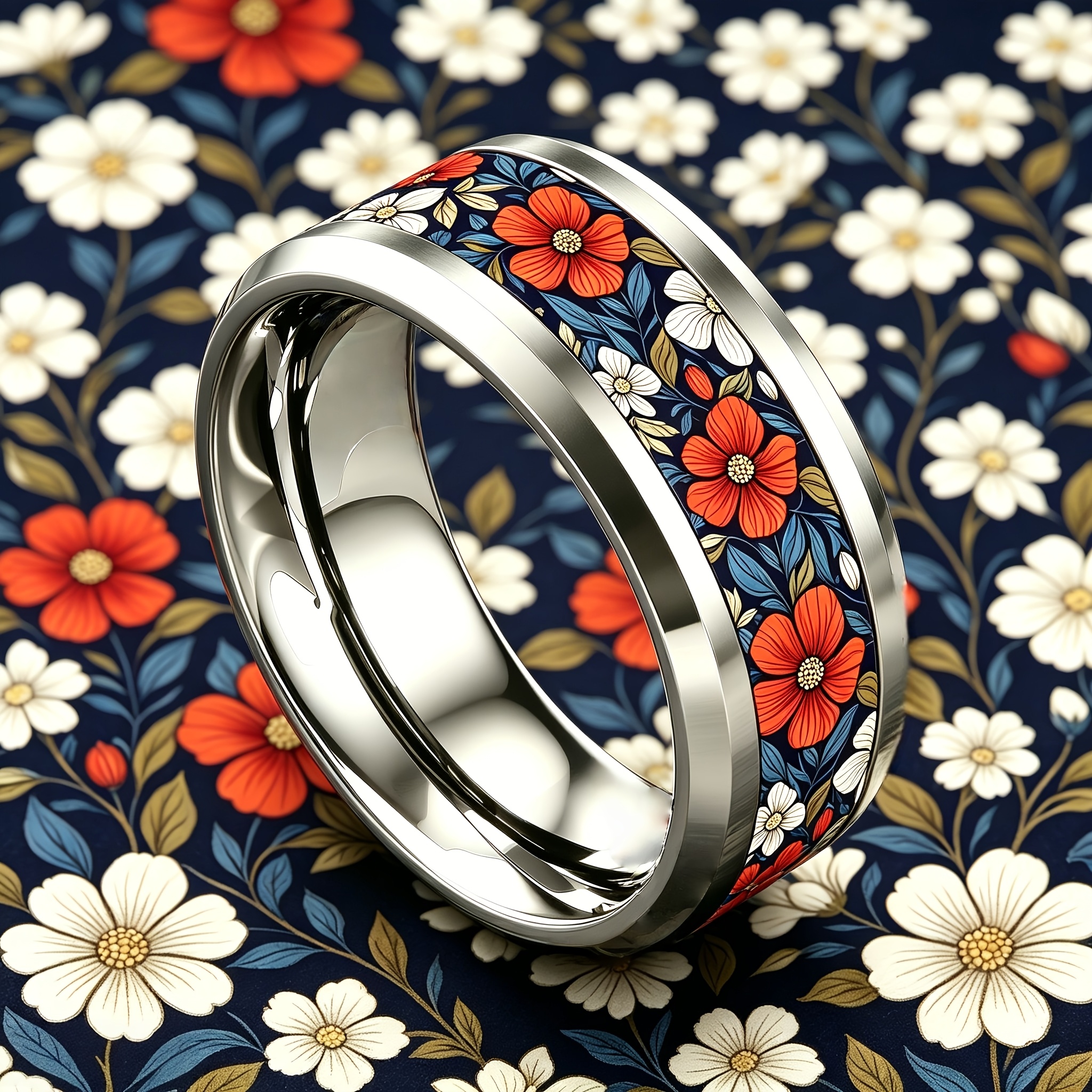 Navy Blue Daisy Branches 304 Stainless Steel Ring