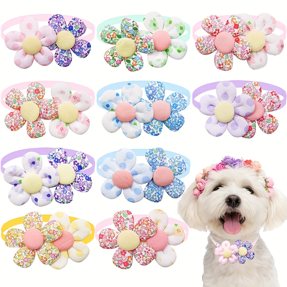 TEMU 30pcs Handmade Floral Dog Bow Ties - Pastel & Pet Necklaces With Center, Adjustable Press Button Closure, For Small/medium Dogs, Cats - Perfect