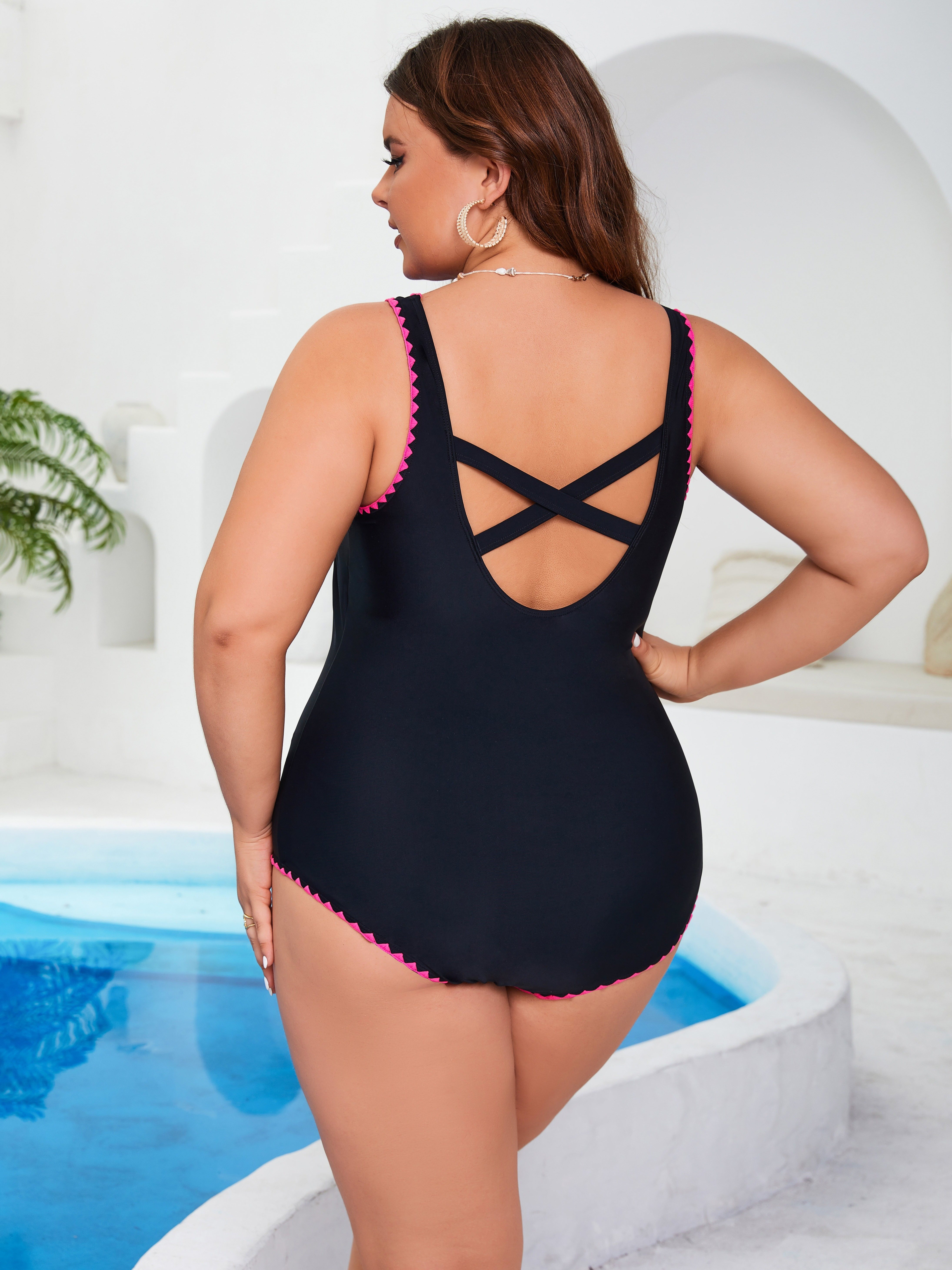 Trajes de baño negros de talla para mujer con gancho, control de  abdomen, trajes de baño deportivos con tiras