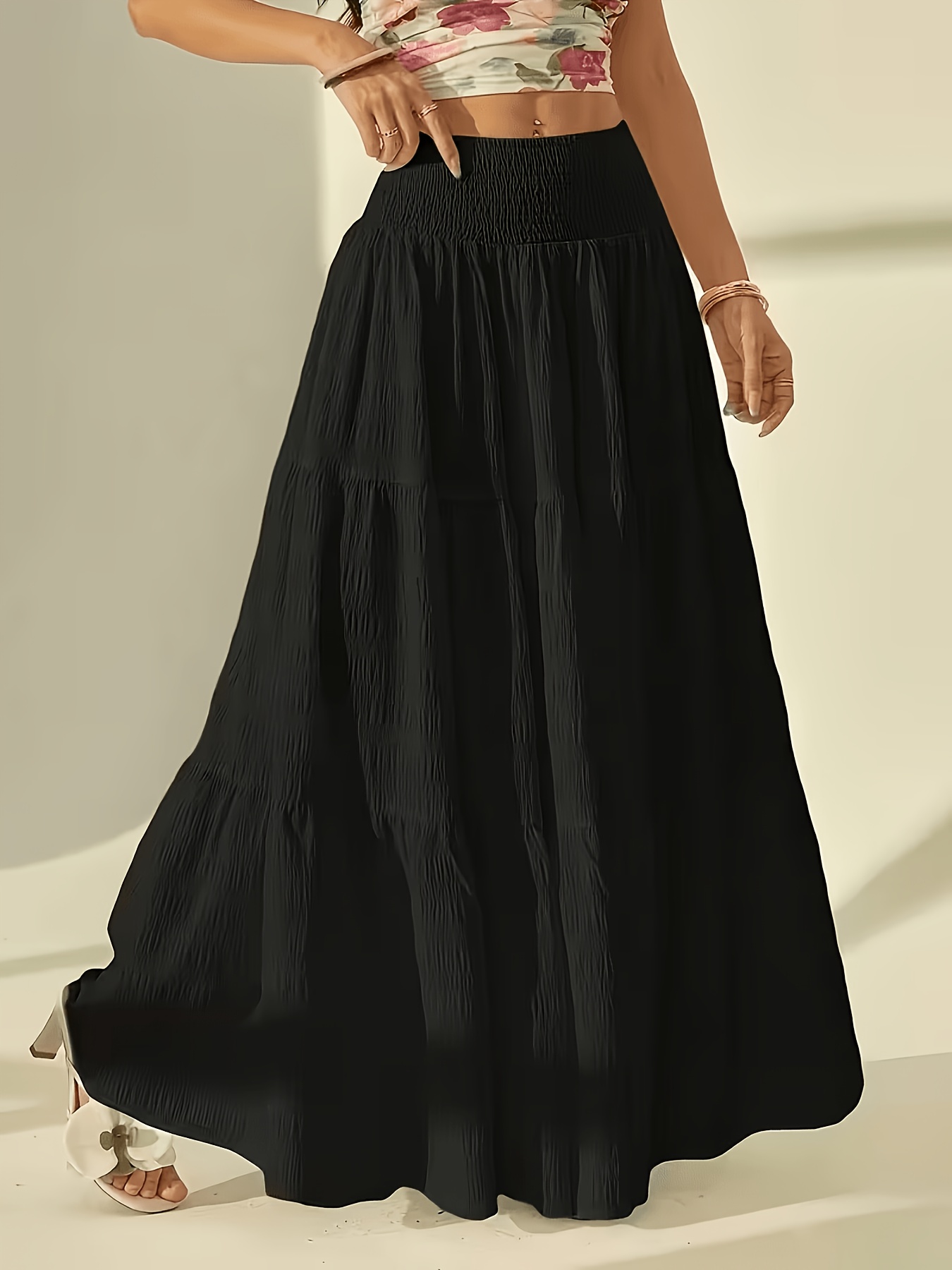 bohemian tiered maxi skirt high waist smocked a line flowy long skirt casual loose pleated solid color skirt for beach vacation daily wear womens fashion