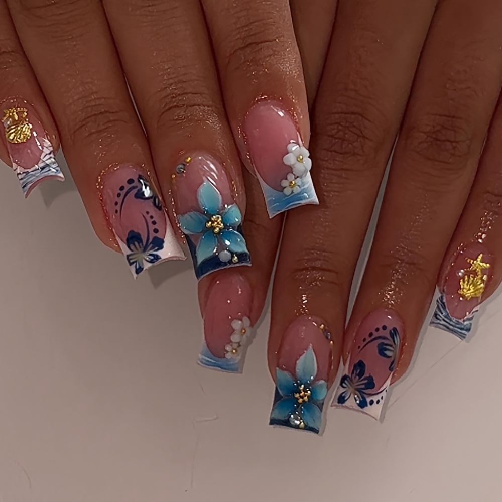 TEMU 24pcs Rectangular 3d Gel Press-on Nail Stickers For Dimensional Floral Ombre , Featuring Beads, Starfish, And Star Embellishments. Acrylic Nail