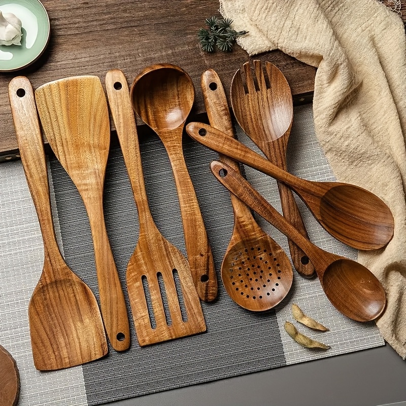 TEMU 8pcs Wood Kitchen Utensil Set Suitable For Pans, High-temperature Resistant Spatula & Spoon With Spray-painted, Cookware Tools For Pots, Frying